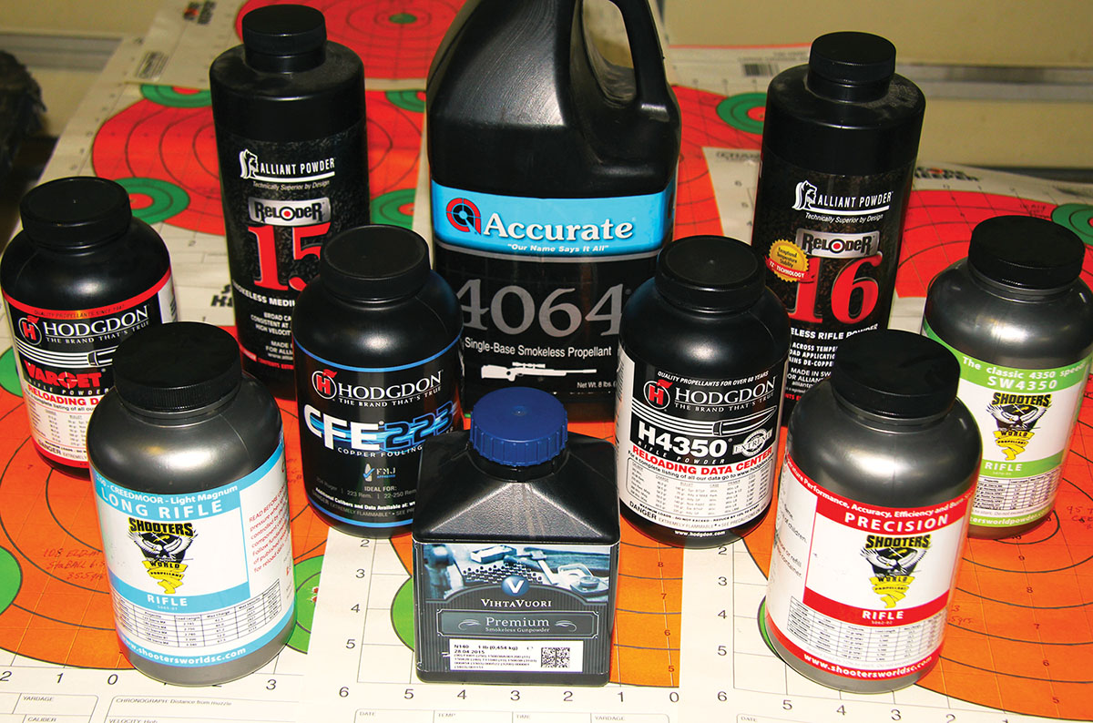 Patrick considers these the best powder choices for the 6mm Dasher (back row, left to right): Hodgdon Varget, Alliant Reloder 15, Accurate 4064, Alliant Reloder 16 and Shooters World 4350; (front row, left to right): Shooters World Long Rifle, CFE 223, Vihtavuori N140, H-4350 and Shooters World Precision Rifle.